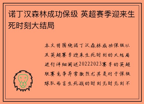 诺丁汉森林成功保级 英超赛季迎来生死时刻大结局 诺丁汉森林成功保级 英超赛季迎来生死时刻大结局